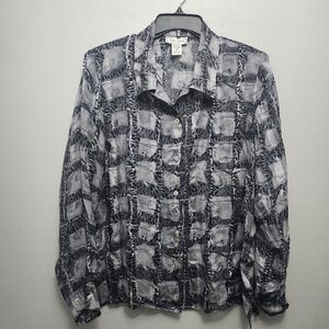 Silk land women's silk button-up blouse sheer size XL gray with gold thread